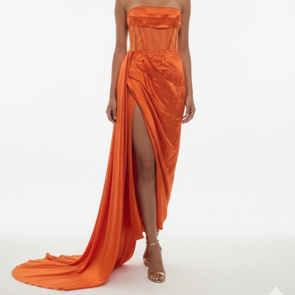 Women's Unbranded Orange Strapless Sheer Corset Satin Maxi Dress S high slit